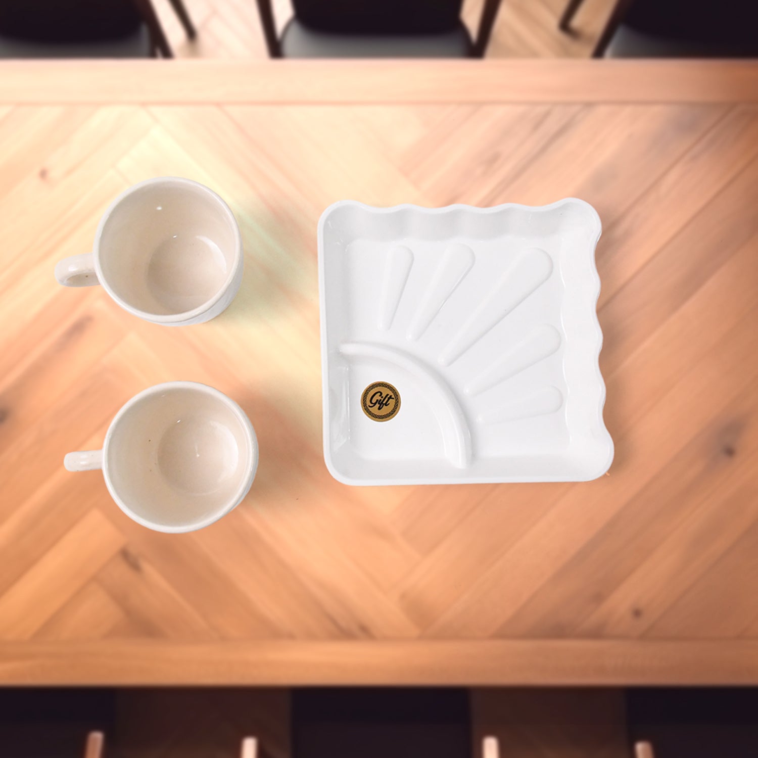 Cerntric Ceramic Tea Cup With Plastic Square Shape Serving Platter Milk Cup 3pc Set Cerntric Ceramic Tea Cup With Plastic Square Shape Serving Platter Milk Cup 3pc Set